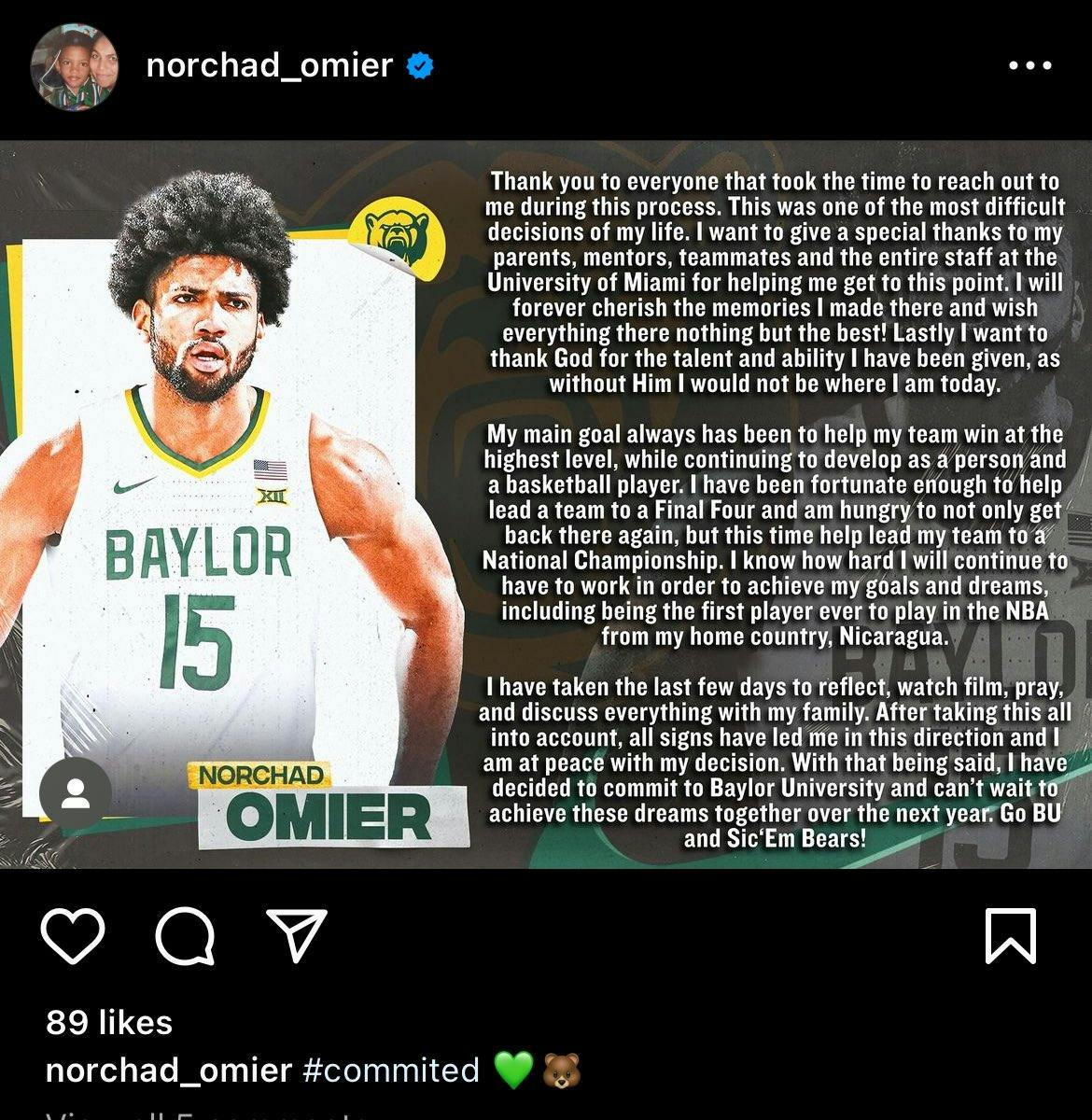 All-ACC Forward Norchad Omier Transfers to Baylor, Averaged 17 Pts, 10 Rebs